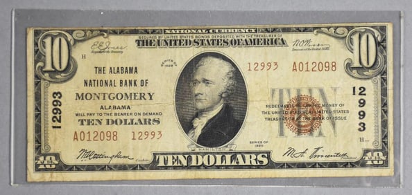 1929 $10 Ten Dollar Bearer Note Montgomery Alabama Bank