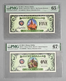 2014 67 Super Gem Unc $1, Gem Uncirculated $5 Disney Dollars