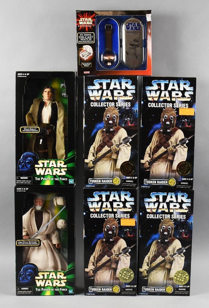 (7) 1990s Star Wars Variety Hasbro, Kenner & Hope\ MIP-NOS: Lot is seven 1990s Hasbro, Kenner & Hope Star Wars Variety - MIP-NOS. Includes 1 OBI WON KENOBI, GLOW LIGHTSABER, 1 HANS SOLO, MAGNETIC DETONATORS, 1 PIT DROID WATCH and 4 TUSHKIN RAIDER 2 GUN, 2 SPEA