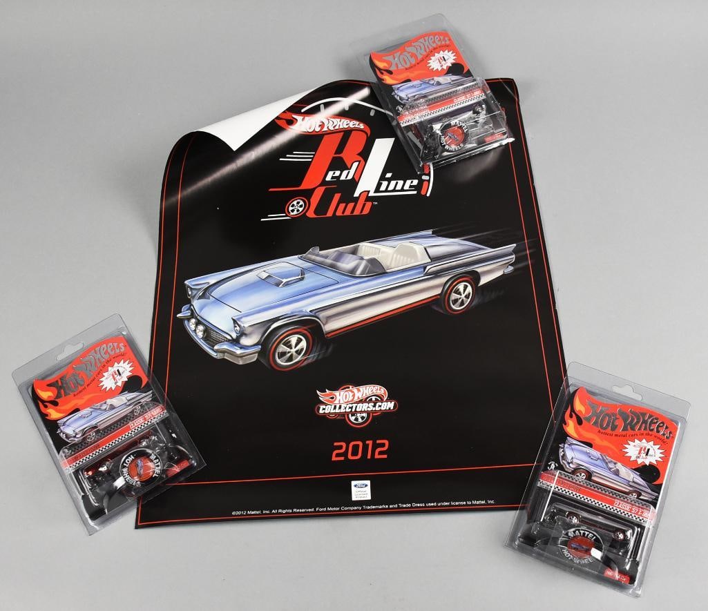 2012 Hot Wheels RedLine Club Kit, Poster-Ltd Ed Cars-MOC-NOS: Lot is a 2012 Hot Wheels RedLine Club Kit, Poster-Ltd Ed Cars-MOC-NOS. Includes a poster and three Classic '57 T-Birds: Red 2226/3500, Silver 1868/3000 and Purple 3470/4500. Single owner collection fr