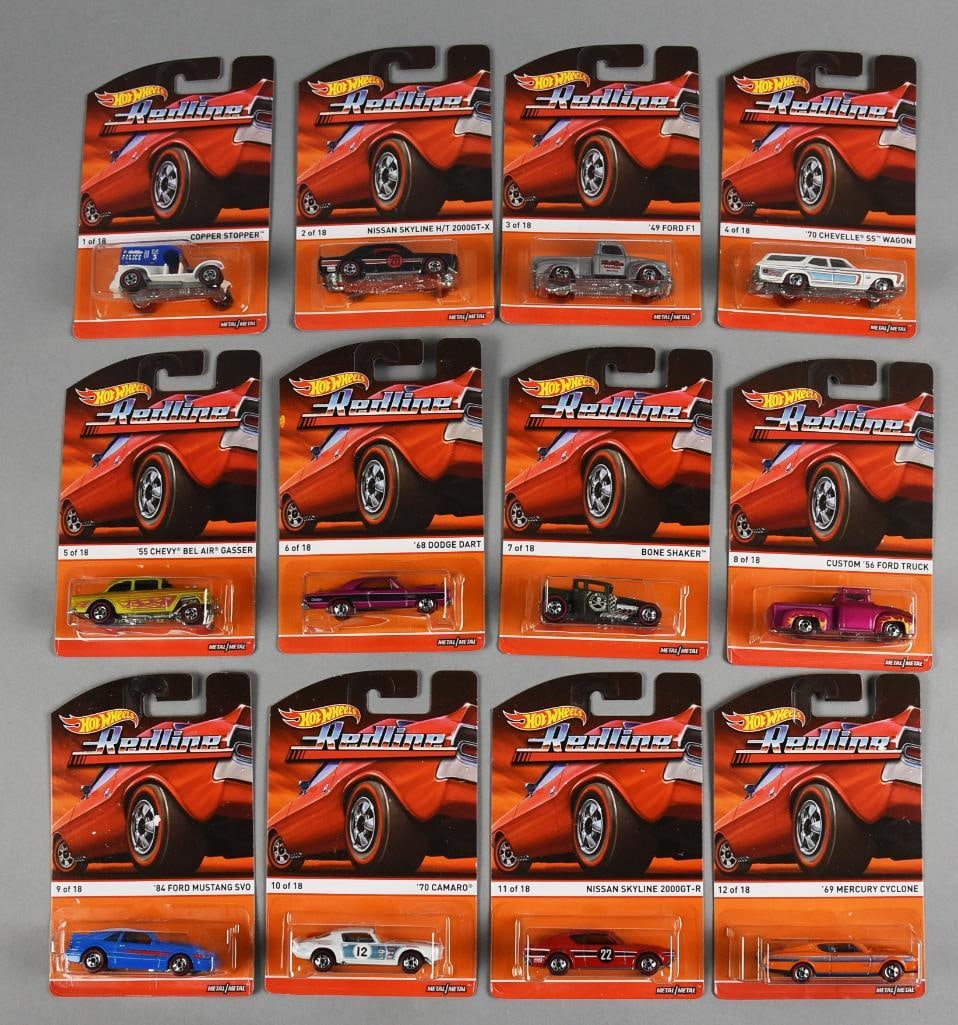 (12) 2015 Hot Wheels RedLine Die-Cast-MOC-NOS: This lot is for 12 2015 Mattel Hot Wheels RedLine Die-Cast-MOC-NOS. Includes Copper Stopper, '68 Dodge Dart, '70 Chevelle SS Wagon, '70 Camaro, Bone Shaker and more. Single owner collection from the l