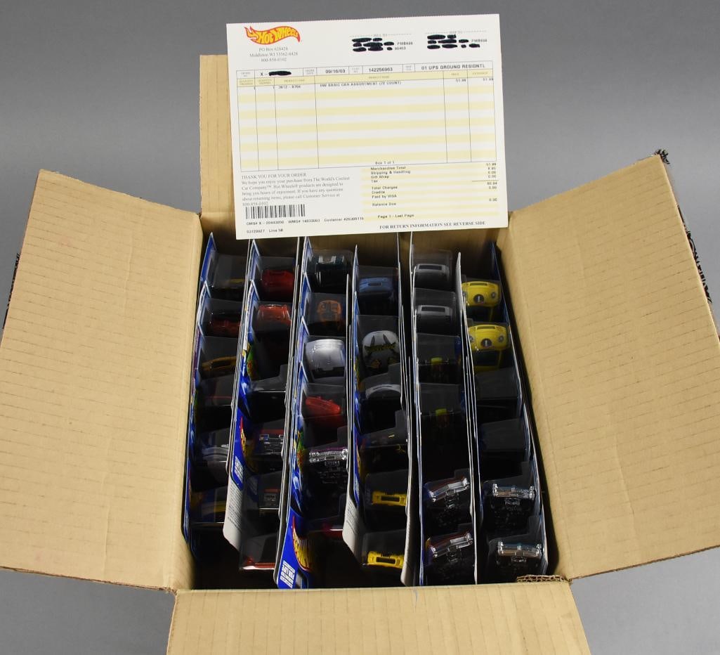 2000s Mattel Hot Wheels Die-Cast - Org. Box-MOC-NOS: 2000s Mattel Hot Wheels Die-Cast - Unsorted Box-MOC-NOS. Case indicates 72 cars, 72 cars included, includes original packing slip. Single owner collection from the largest toy collector on the West Co