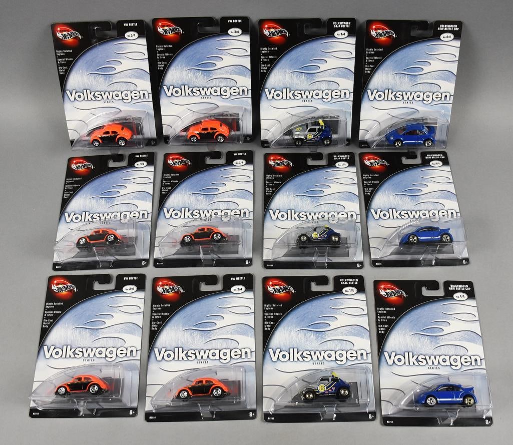 (12) 2002 Hot Wheels Volkswagen Series-MOC-NOS: Lot is 12 2002 Mattel Hot Wheels Volkswagen Series-MOC-NOS. Includes three each No. 6 and blue and six red. Single owner collection from the largest toy collector on the West Coast.