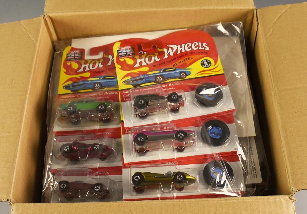 (87) 1990s Mattel Hot Wheels W/ Collector Buttons-MOC-NOS: Lot is 87 1990s Mattel Hot Wheels W/ Collector Buttons-MOC-NOS. Includes 35 25th Anniversary and 52 Vintage Exclusives. Single owner collection from the largest toy collector on the West Coast. Great