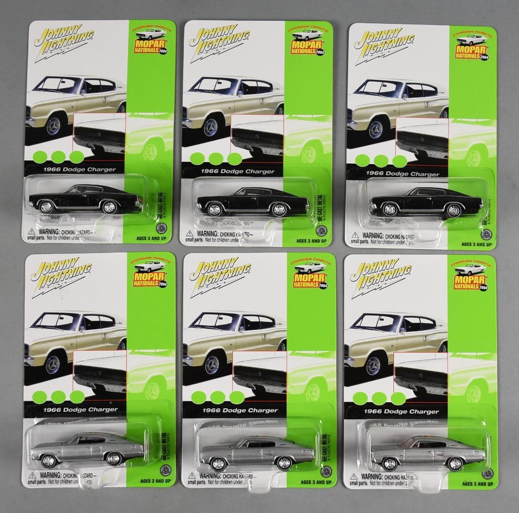 (6) 2003 1969 Dodge Charger Johnny Lightning- MOC-NOS: Lot is six 2003 Johnny Lightning Mopar Nationals 1969 Dodge Charger - MOC-NOS. Includes three silver and three black. Single owner collection from the largest toy collector on the West Coast.