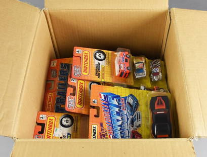 (100) 1990s Mattel Matchbox Die-Cast-Unsorted-MOC-NOS: Lot is 100 1990s Mattel Matchbox Die-Cast-Unsorted-MOC-NOS. Comes in a Fisher Price factory shipping carton. Single owner collection from the largest toy collector on the West Coast.