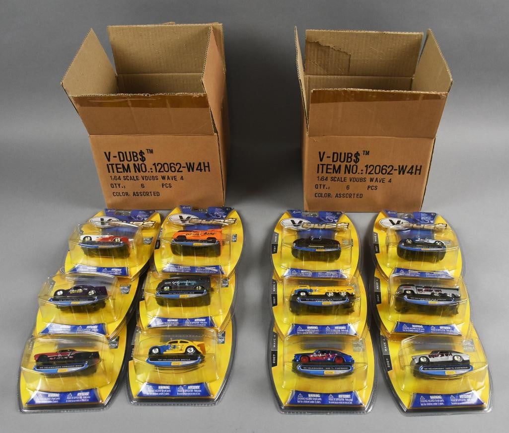 (2) 2007 Jada V-Dubs Die Cast Factory Shipping Cases - NOS: Lot is two 2007 Jada V-Dubs Die Cast Factory Shipping Cases - NOS. Cases are opened, each with six cars, no duplicates. Single owner collection from the largest toy collector on the West Coast.