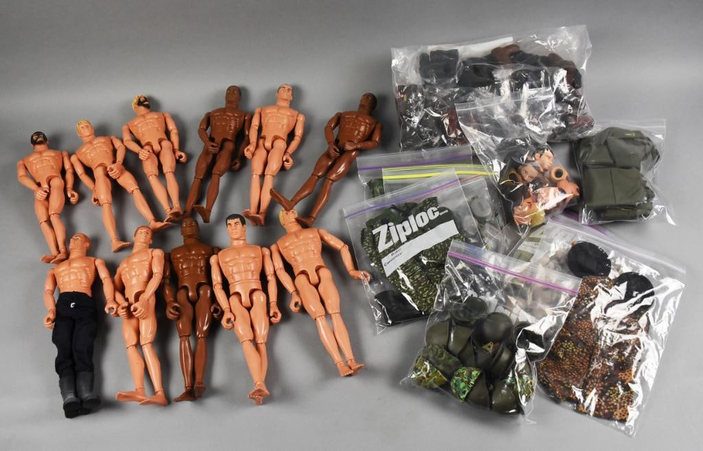Large Lot 1990s Hasbro GI Joe Dolls & Uniforms - Loose: Cool large lot for collectors, crafters or restorers. Lot is 10 dolls, one with pants, seven bags with uniforms, one with helmets, one with boots and one with accessories. Also included is one bag of