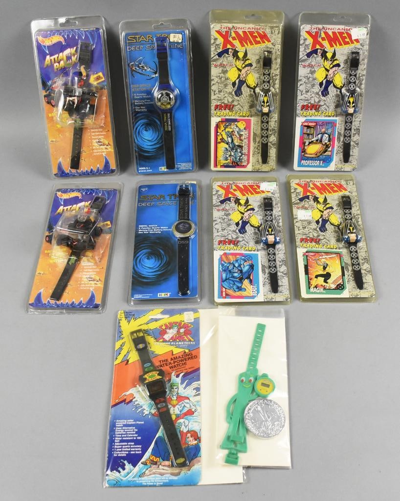 (10) 1993 Pop Culture Wrist Watches X-men Others: Lot is 10 1993 Pop Culture Wrist Watches - MIP - NOS. Includes: (1) CAPTAIN PLANET WRIST WATCH (4) X-MEN WOLVERINE WATCH (2) STAR TREK DEEP SPACE NINE HOPE INDUSTRIES 93 (1) GUMBY WRIST WATCH. Single