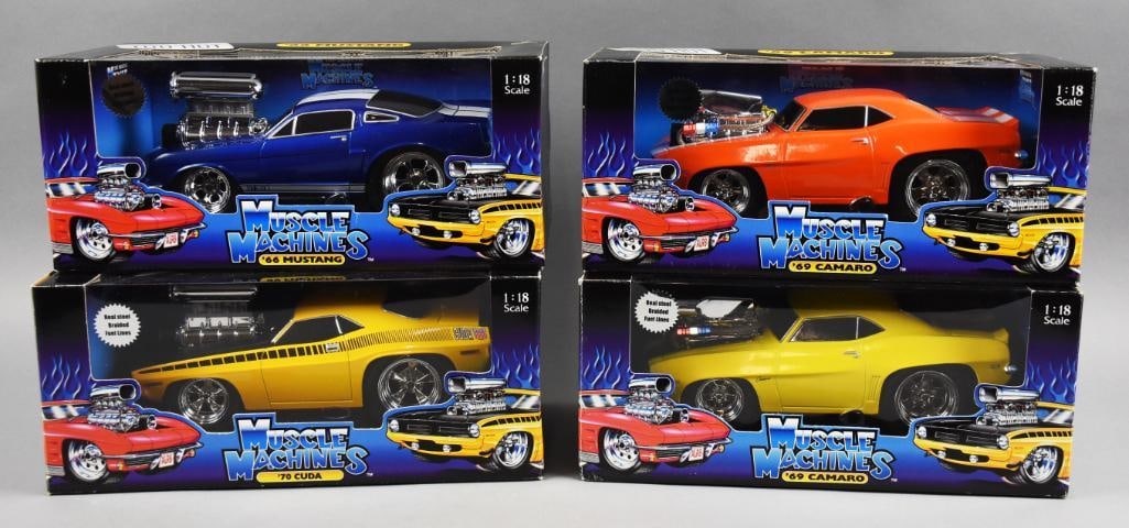 (4) 2000 Funline Muscle Machines 1:18 Scale - MIB-NOS: Lot is four 2000 Funline Muscle Machines 1:18 Scale - MIB-NOS. Includes one each: BLUE 66 MUSTANG, ORANGE 69 CAMARO, YELLOW CAMARO and YELLOW 70 CUDA. Single owner collection from the largest toy coll