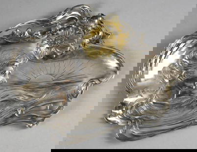c1900 Art Nouveau WMF Woman and Flower Tray: This stunning Jugendstil piece is WMF (Wurttembergische Metallwarenfabrik). It appears silver plate with a beautiful woman overlooking a sunset. She has a gold tone flower above the sun. Her long