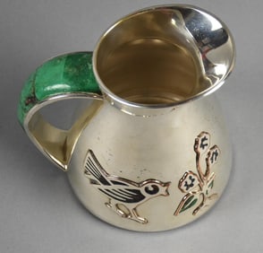 Los Castillo Taxco Mexico Silver & Malachite Inlay Pitcher