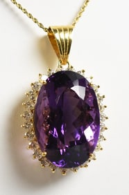 18K Yellow Gold Amethyst & Diamond Pendant, 14K Gold Chain