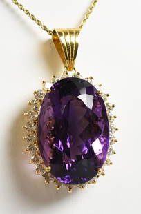 18K Yellow Gold Amethyst & Diamond Pendant, 14K Gold Chain: Stunning Amethyst & Diamond Pendant in 18kt Yellow Gold Make a statement with this exquisite vintage-inspired pendant featuring a vibrant, richly saturated oval-cut amethyst at its center. The deep