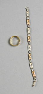 14K Yellow Gold Ring, Sterling/18K Bracelet: Nice vintage jewelry that includes a 14K yellow gold ring. Band is textured marked inside the band, size 11 and approx weight of 5.5g. The bracelet is fun with footprints on each link. It is stamped