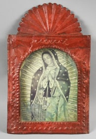 Large Vintage Retablo Nicho Our Lady of Guadalupe - Tin