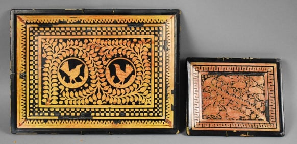 Vintage Olinala Mexico Lacquered Foliate & Bird Trays