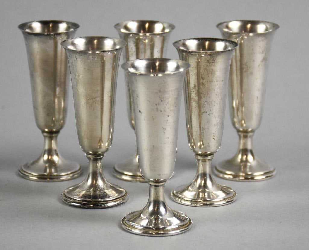 Vintage Boardman Sterling Silver Cordials - 82 Grams: Great assortment of solid sterling Boardman cordial glasses. They have unweighted bases and marked inside base. Are all approx. 3" tall with an approx weight of 82 grams.