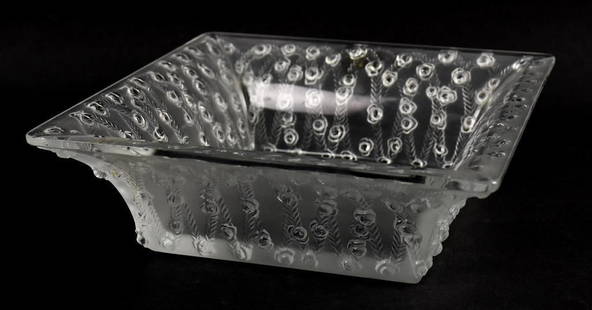 Vintage Lalique Roses Frosted Crystal Square Bowl: This lovely piece of art crystal is Lalique. It is known as Roses with a rose and trellis design. The signature is etched on, post 1978. Measures 3" tall x 10" x 10".