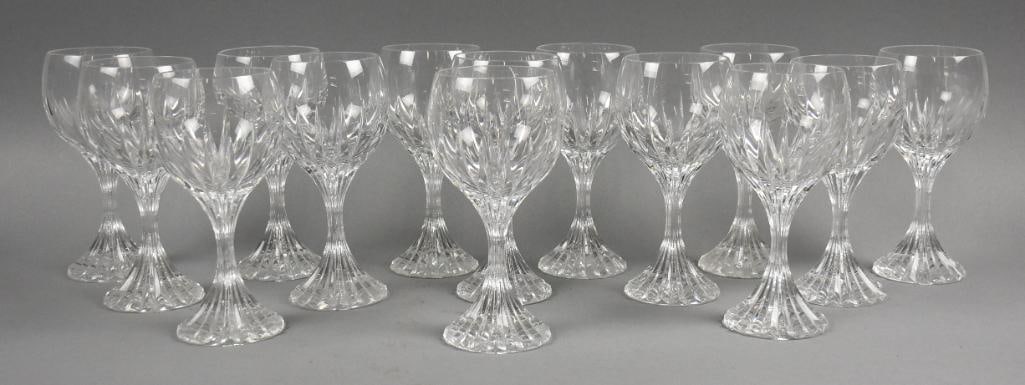 (14) Baccarat Massena Crystal White Wine Glasses- 6.5" Tall: This gorgeous set is from Baccarat and are white wine glasses. Pattern is called Massena with beveled cuts. Each is well acid marked on base and stand approx. 6.5" tall 3 with chips on rim