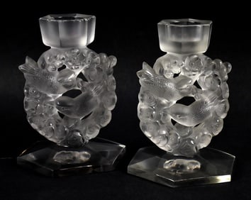 Vintage Lalique Mesanges Frosted Crystal Candle Holders