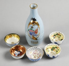 WWII Era Japanese Porcelain Military Infantry Bottle & Cups