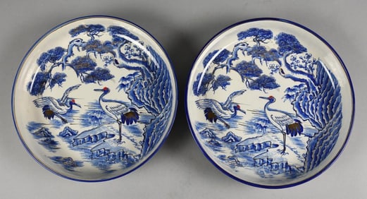 Vintage Japan Blue & White Porcelain Heron Chargers
