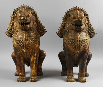 Vintage Japanese Gilt Cast Iron Foo Dogs Foo Lions