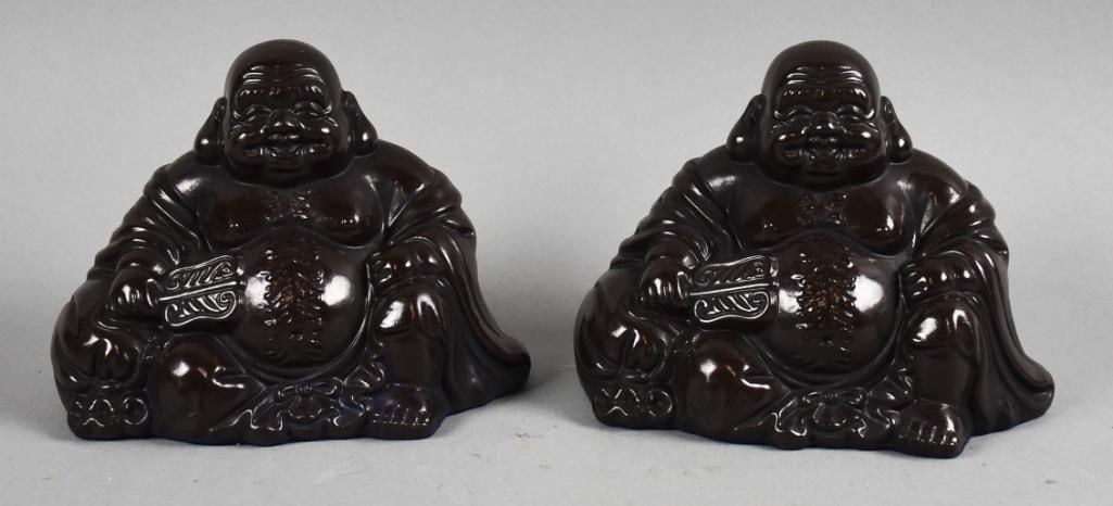 Vintage Imperial Imports Japan Cast Metal Hotei Sulptures: Adorable pair of Hotei that appear to be cast iron. Each is seated, smiling with a fan in his had. Both retain their original labels for Imperial Imports and will come in their original factory boxes.