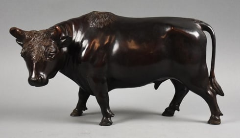 Vintage Japanese Bronze Bull Sculpture - Signed