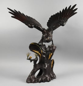 c1970 Japanese Cast Iron Landing Eagle On Stump