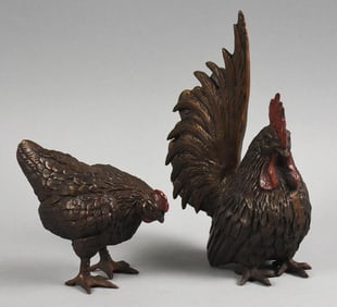 Vintage Japanese Bronze Chicken & Rooster Figures-NOS