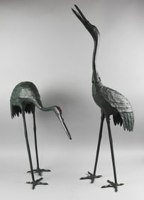 Vintage Large Japanese Cast Iron Standing Crane Sculptures