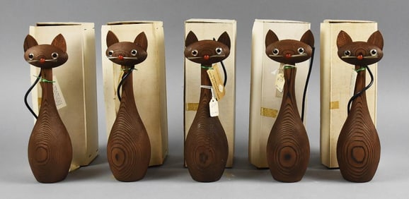 Vintage Otagiri Carved Cryptomeria Cats-Original Boxes-NOS