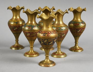 (6) Vintage India Brass and Enamel Vases