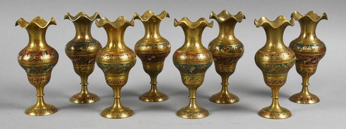 (8) Vintage India Brass and Enamel Vases