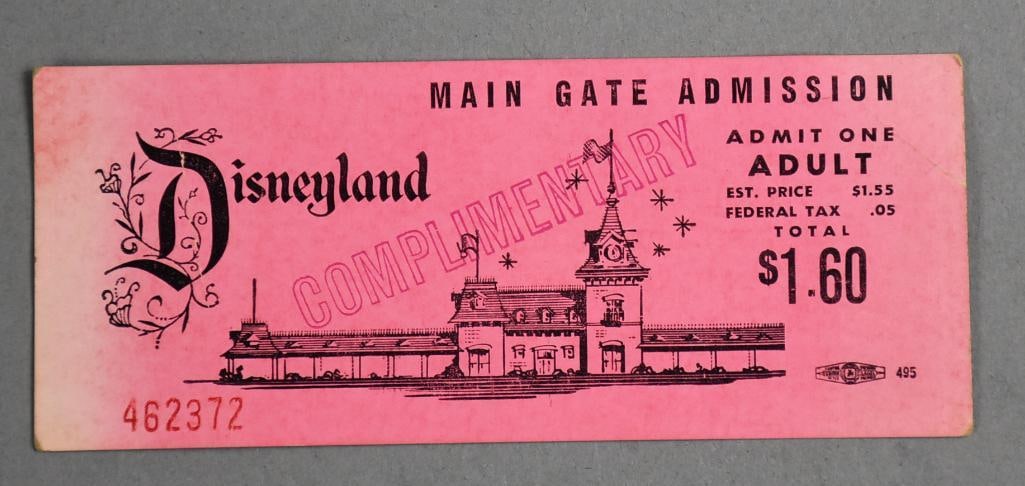 c1960 Disneyland Main Gate Admission Ticket, $1.60: Imagine paying only $1.60 ($17.06 in 2025) to get into Disneyland. This is a main gate admission ticket (complimentary) was used around 1964, you would pay for rides once inside the park.