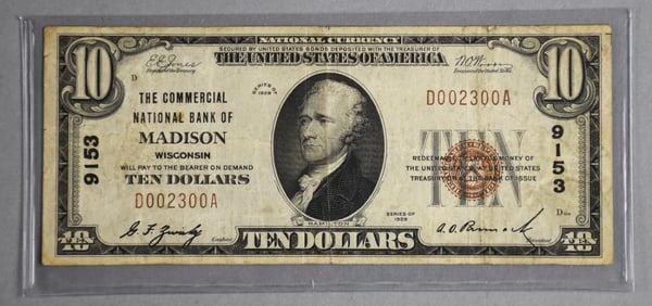 1929 $10 Dollar Bearer Note Commercial National Bank Madison