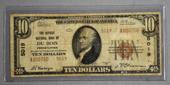 1929 $10 Dollar Bearer Note Deposit National Bank of Du Bois