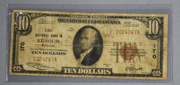 1929 $10 Dollar Bearer Note First National Bank of St Louis