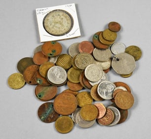 (61) Foreign Coin Assortment, Circulated, Unsorted Some Silver