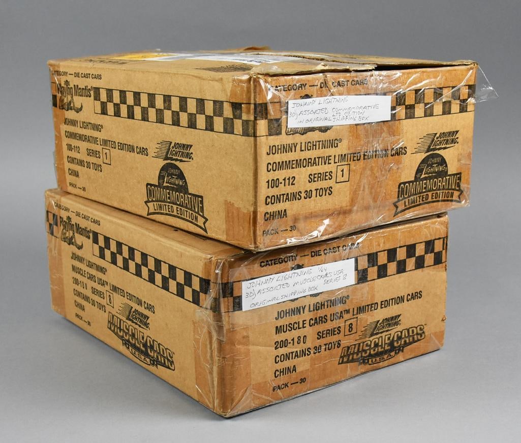 1990s Johnny Lightning Muscle Cars & Commemorative MOC-NOS: Lot is two cases of 1990s Johnny Lightning Muscle Cars & Commemorative-MOC-NOS. Cases open, both with 30 cars, total 60 cars. Single owner collection from the largest toy collector on the West Coast.