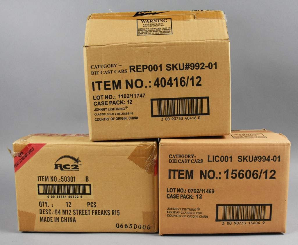2000s Johnny Lightning & RC2 Die-Cast Factory Case-MOC-NOS: Lot is three 2000s Johnny Lightning & RC2 Die-Cast Factory Cars Case-MOC-NOS. Includes on RC2 Street Freaks and two Johnny Lightning: Classic Gold and Holiday Classics. All cases full for a total of 3