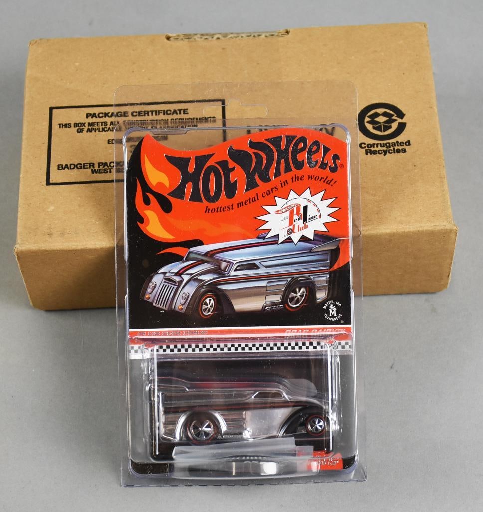 2014 Hot Wheels 'RLC Drag Dairy 2246/3000 MOC-NOS: Lot is a 2014 Mattel Hot Wheels Redline Club Drag Dairy 2246/3000 MOC-NOS. Believed to be a Redline Club membership gift with patches and a button. Single owner collection from the largest toy collect