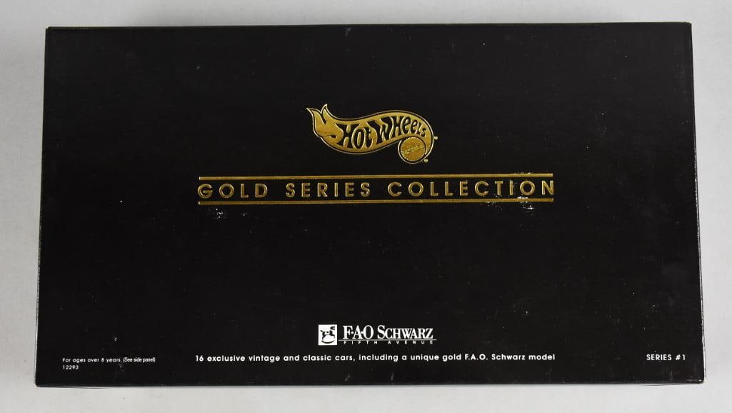 1994 Mattel Hot Wheels FAO Schwarz Gold Series Collection-NOS: Lot is a 1994 Mattel Hot Wheels FAO Schwarz Gold Series Collection-NOS.Hot Wheels Gold Series Collection – F.A.O. Schwarz Exclusive (Series #1) Vintage Cars: • Splitin’ Image • TWIN MILL