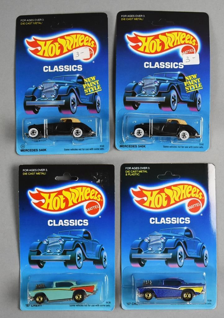 (4) 1986, 1988 Hot Wheels Chevy & Mercedes MOC-NOS: Lot is four 1986, 1988 Mattel Hot Wheels Chevy & Mercedes MOC-NOS. Includes two each: '57 Chevy (variant) and Mercedes 540K (duplicate). Single owner collection from the largest toy collector on the W