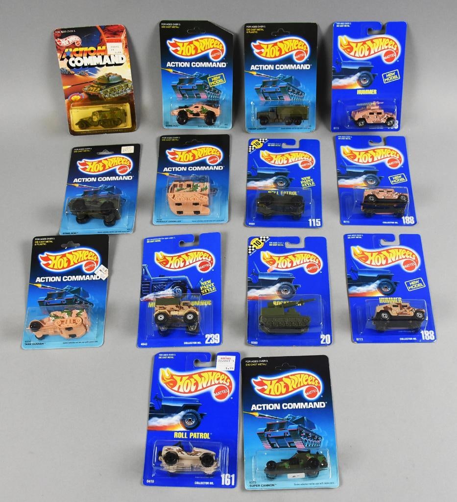 (14) 1980s-90s Hot Wheels Military Die-Cast Cars MOC-NOS: Lot is 14 1980s-90s Mattel Hot Wheels Military Die-Cast-MOC-NOS. Includes Troop Convoy, Tank Gunner, Assault Crawler, Sting Rod, Rocketank, Hummer, Roll Patrol and more. One duplicate but variant. Sin