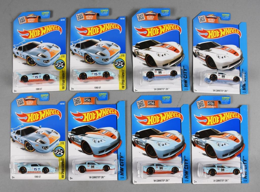 (8) 2013, 15 Mattel Hot Wheels Gulf Corvette & Ford-MOC-NOS: Lot is eight 2013, 15 Mattel Hot Wheels Gulf Corvette & Ford-MOC-NOS. Single owner collection from the largest toy collector on the West Coast.