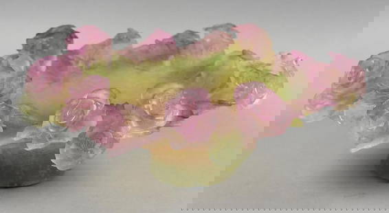 Daum Art Glass Pate de Verre  Roses Bowl: Absolutely stunning art glass from Daum in France. Raised rose ruffle bowl in pink, lavender and green pastel colors. Signed on bottom under the pads. Measures approx. 5" tall x 13" wide. Amazing piec