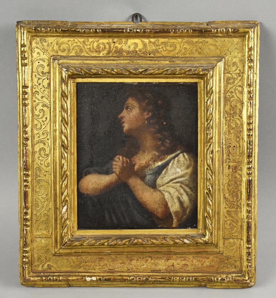 Elisabetta Sirani (Circle) "Penitent Magdalene" Oil on Canvas: This marvelous oil on canvas painting is believed to be from the school of Italian artist Elisabetta Sirani. The subject is Mary Mag